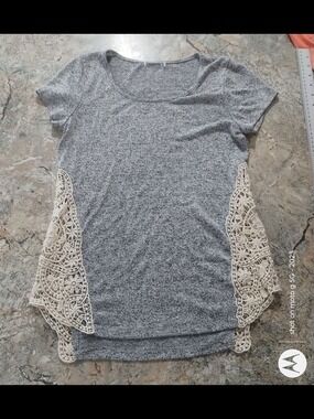 Gray Scoop Neck Tee Cream Lace Trim